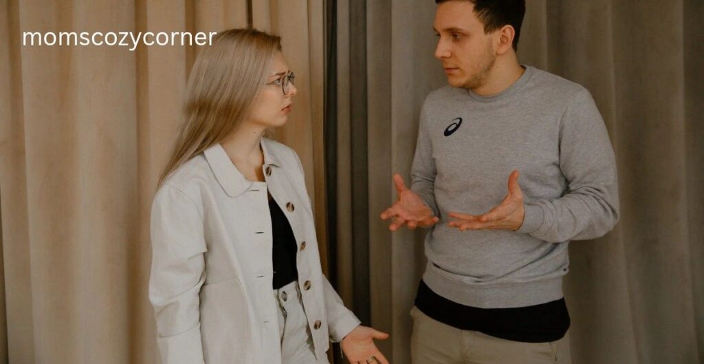 Woman taking a deep breath before replying during a conversation with her partner, practicing emotional control. 
