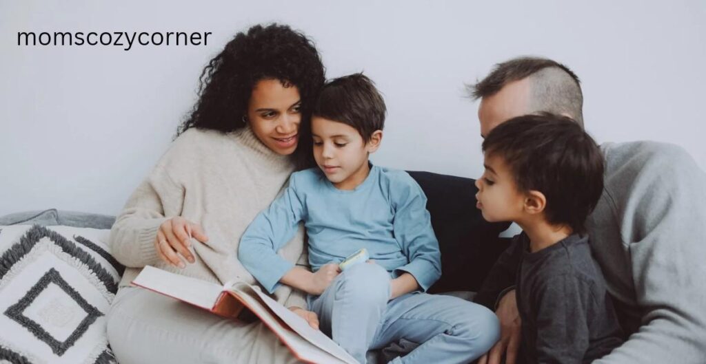 Happy family reading books with kids, representing how emotional balance strengthens family happiness.