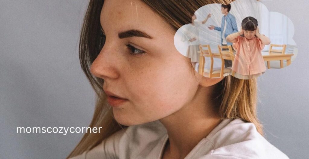 Woman overwhelmed by intrusive memories related to trauma-based overthinking.