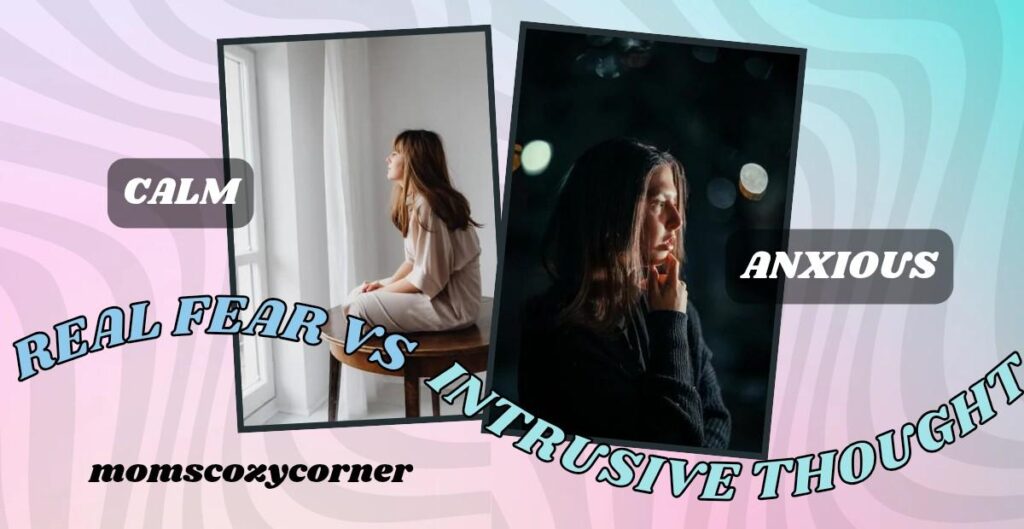 Illustration showing the difference between real fear and intrusive thoughts with a calm scene and an exaggerated imagined worry.