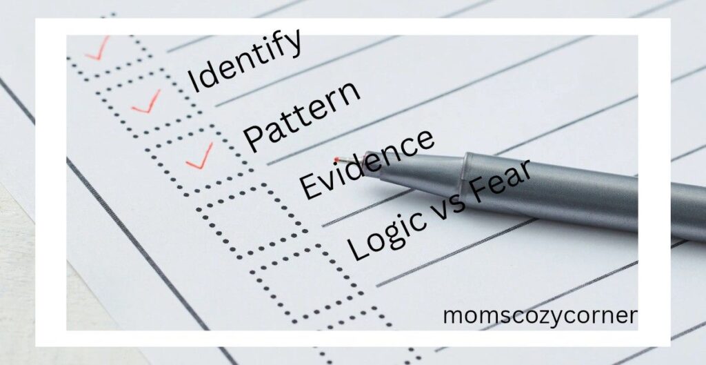 Checklist graphic that guides moms to analyze a thought by checking its pattern, evidence, and whether it comes from logic or fear.
