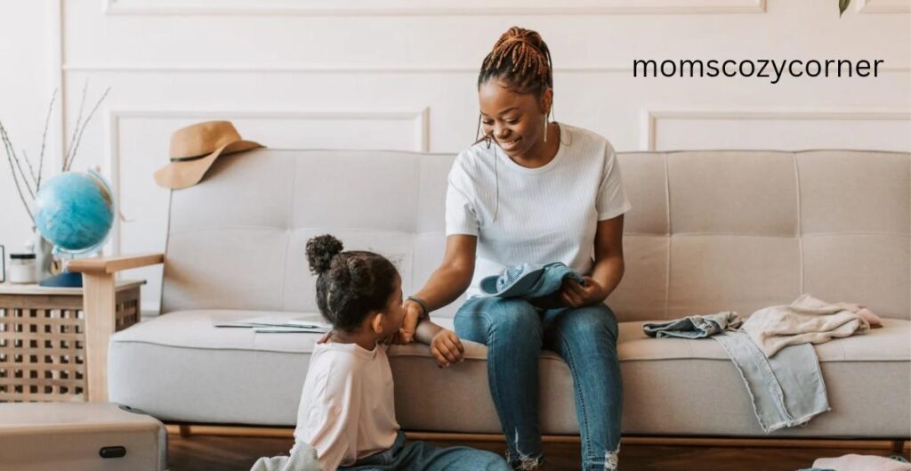 Mother calmly guiding her child during a respectful discipline moment.