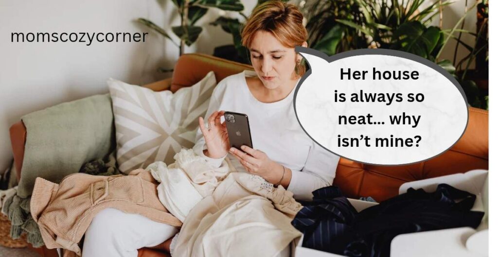 Mother on couch with laundry looking at smartphone with comparison thought bubble.