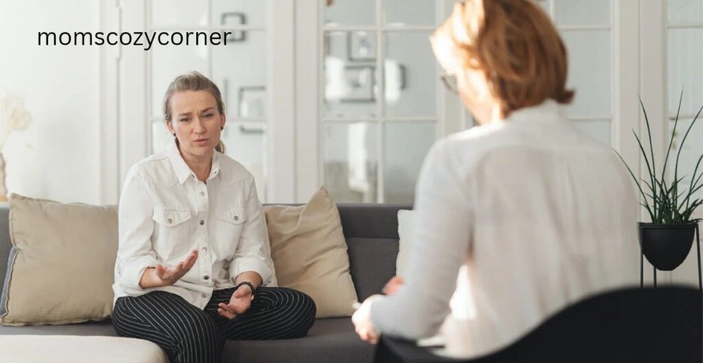 A woman sitting on a sofa to talk about how she feel.